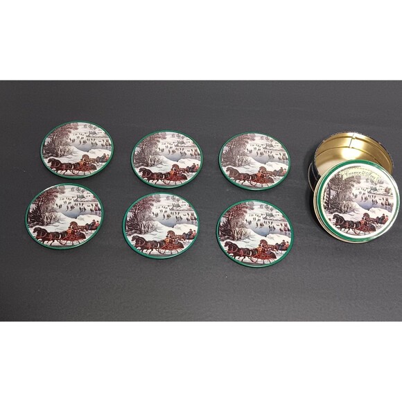 Vintage Currier & Ives Coasters in Original Tin – Winter Sleigh Ride Scene - Picture 7 of 9